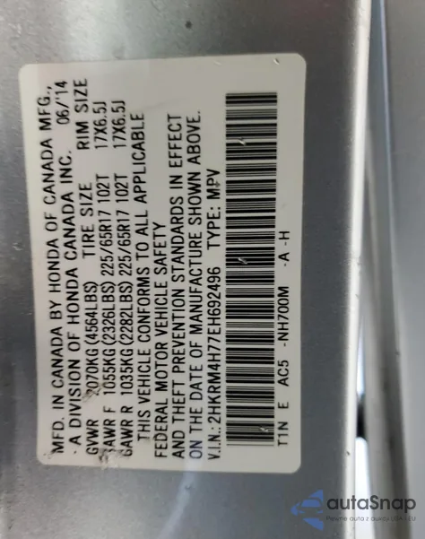 2014 Honda Cr-V Exl from USA, damaged, VIN 2HKRM4H77EH692496